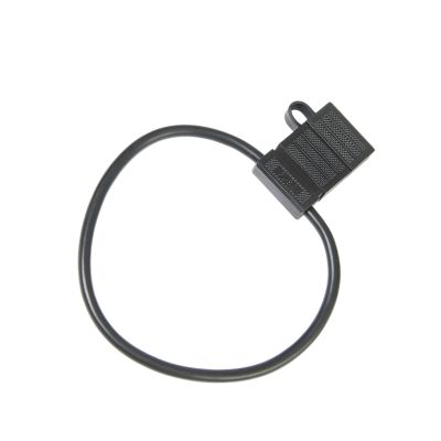 Black watertight fuse holder with black leads, suitable for 40 amp connections, features secure design for electrical systems.