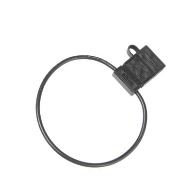 Black water-tight fuse holder with black leads, designed for durability and compatibility, ideal for protecting circuits.