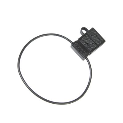 Black water-tight fuse holder with black leads, suitable for 10 amp fuses, designed for secure and reliable connections.