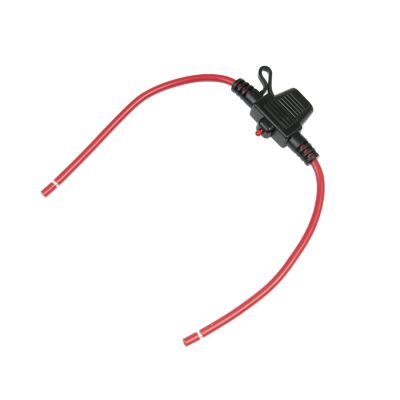 Black MICRO2 inline fuse holder with red leads and LED light, designed for efficient electrical connections and protection.