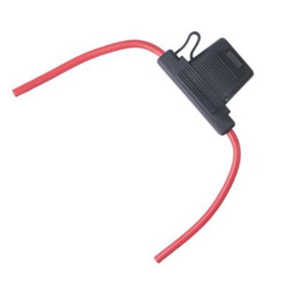Black MAXI inline fuse holder with red leads for 60 Amp, 8 Ga wiring, showcasing durable and essential automotive components.