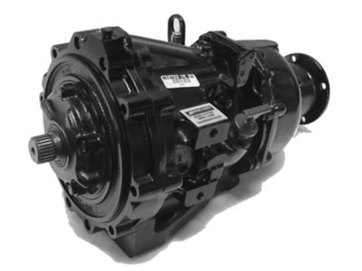 Black gearbox transmission with detailed mechanical components, labels, and mounting points, isolated on a white background.
