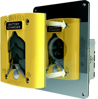 Yellow Blue Sea Systems sure eject mounting adapter for battery chargers, featuring dual slots and clear indicators.
