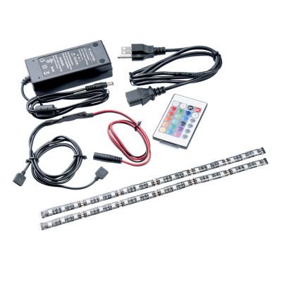 Flexible LED light strip kit with remote control, power adapter, and cables for home lighting by Accele Electronics.