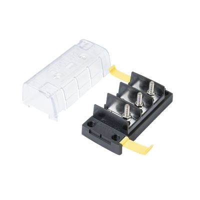 Marine battery fuse block with clear cover and three secured metal terminals from Blue Sea Systems.