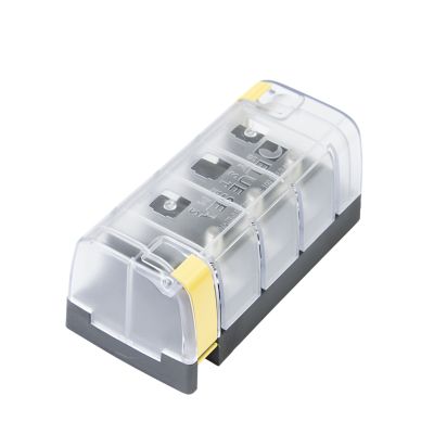 Clear plastic Blue Sea Systems MRBF surface mount fuse block with yellow accents.