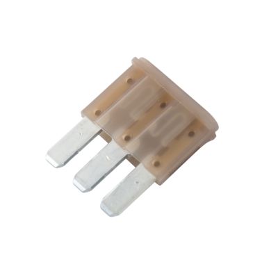 Tan Littelfuse MICRO3 Fuse, 5 Amp, 32V with three metal prongs on white background.