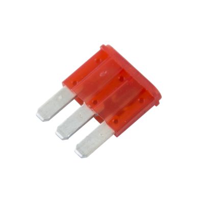 Red Littelfuse MICRO3 fuse, 10 Amp, 32V, three metal prongs, isolated on white background.