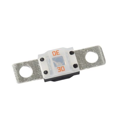 Orange Littelfuse MIDI fuse with metal terminals, rated at 30 amps and 32 volts.