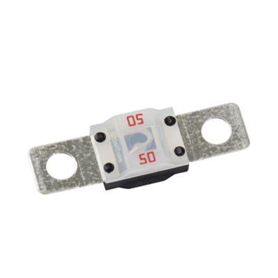 Red Littelfuse MIDI Fuse with metallic connectors, labeled 50A for automotive use, showcasing compact electrical design.