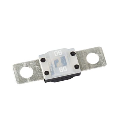 Clear MIDI fuse by Littelfuse with metal prongs, 80 Amp rating, designed for electrical protection.