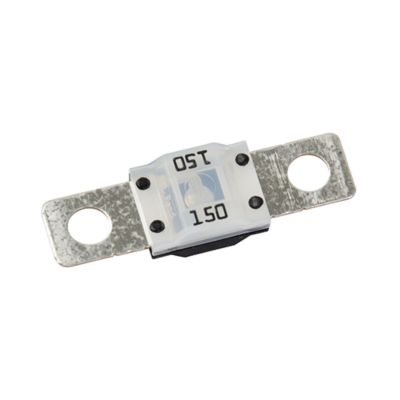 Gray Littelfuse MIDI Fuse, 150 Amp, 32V with dual metal mounting tabs and labeled transparent casing.