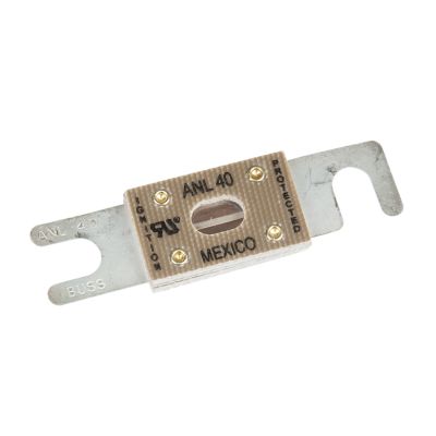 Eaton Bussmann ANL-40 fuse with metal connectors, brown body, engraved details, ideal for low voltage protection.