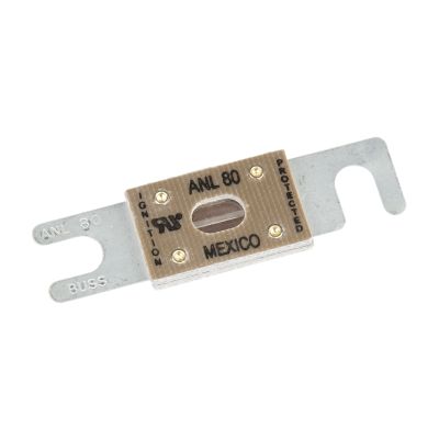Eaton Bussmann ANL-80 fuse, non-time delay, 80 amp rating, featuring dual mounting holes and protective labeling.