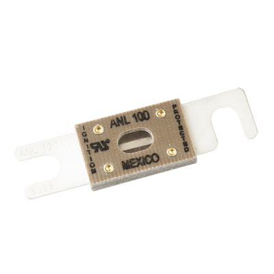 Eaton Bussmann ANL-100 fuse with gold details, 100 Amp, 32VDC, featuring a non-time delay design for low voltage protection.