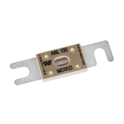 Eaton Bussmann ANL-130 fuse, non-time delay, 130 amp, with metallic prongs and center inspection window.