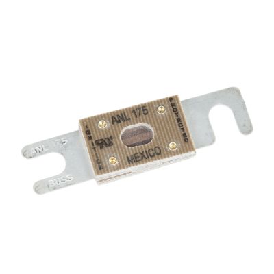 Eaton Bussmann ANL-175 fuse, non-time delay, 175Amp, features metallic connectors and brown central body, 32VDC.