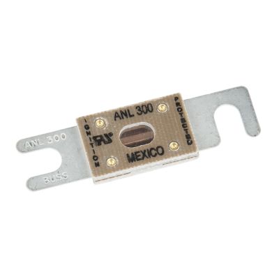 Eaton Bussmann ANL-300 Fuse, non-time delay, 300 Amp, 32VDC, with metal terminals and clear cover.