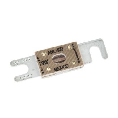 Eaton Bussmann ANL-400 fuse, low voltage limiter, non-time delay, 400 amp, 32VDC, metallic design with mounting holes.
