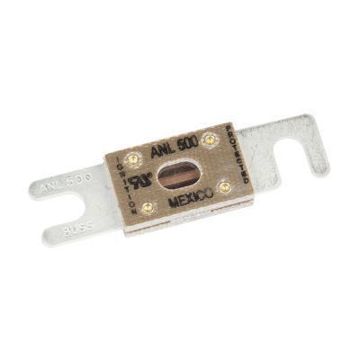 Eaton Bussmann ANL 500 amp fuse with metal prongs, rectangular body, and protective casing, labeled with specifications.