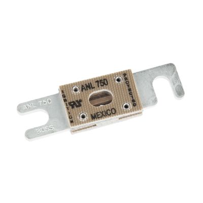 Eaton Bussmann ANL-750 fuse, non-time delay, 750A, 32VDC, showing metal connectors and marked casing.