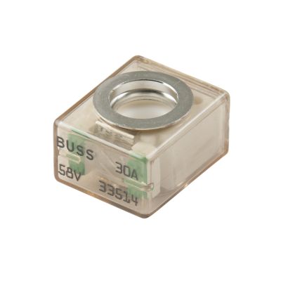 Marine-rated battery fuse, light green, 30 amp, 58VDC, with a clear casing displaying inner components and labels.
