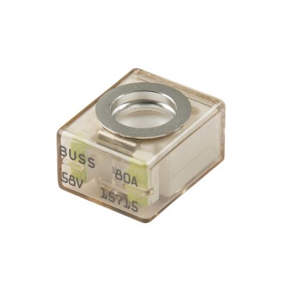 Lime-colored marine battery fuse, Eaton Bussmann MRBF-080, designed for high voltage applications, with clear casing.