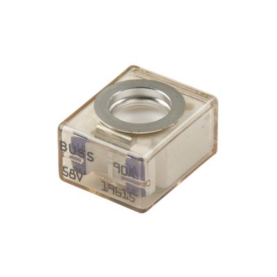 Purple Eaton Bussmann MRBF-090 marine battery fuse, showing 90 Amp, 58VDC specifications, with a clear casing.