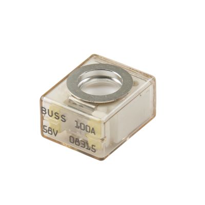 Yellow Eaton Bussmann MRBF-100 marine-rated battery fuse, 100 amp, 58VDC, compact design with visible label.
