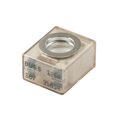 Green Eaton Bussmann MRBF-125 marine-rated battery fuse for 58VDC, 125 amp applications, clear casing with metal top.