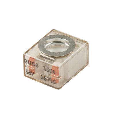 Eaton Bussmann MRBF-150 marine battery fuse, orange, 150A, 58VDC, showcasing compact and functional design.