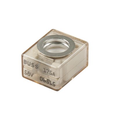 Marine-rated battery fuse, white, compact design, labeled with voltage and amperage details, durable construction.