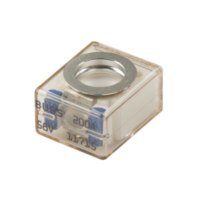 Blue Eaton Bussmann MRBF-200 marine battery fuse, transparent housing, 58VDC, 200 Amp rating, metal contacts.