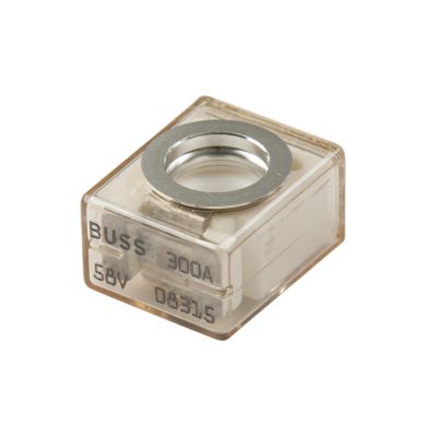 Grey marine-rated battery fuse with a transparent casing and metallic ring, displaying 300A rating and 58V specification.
