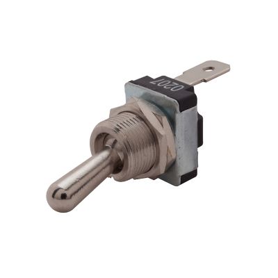 SPST on-ground shorting toggle switch with flat terminal, showcasing a durable metal lever and assembled components.