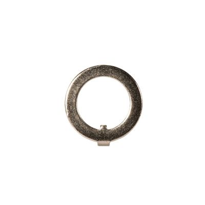 A metallic locating ring with a polished finish, featuring a precise cutout, on a white background for machinery alignment.