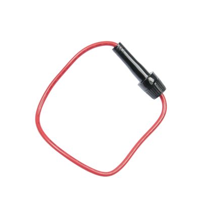 Red wire connected to a black, heavy-duty inline fuse holder for electrical protection.