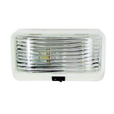Clear utility porch light with switch for RVs, featuring an Optronics RVPL3C design.
