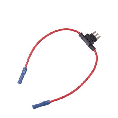 2 circuits, 16 Ga, 15 amp, red and black ATC/ATO inline fuse circuit tap with blue terminal, designed for easy connection in automotive circuits.