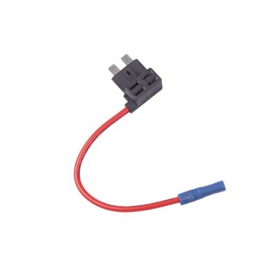 Inline fuse circuit tap with red wire and black connector for automotive applications.