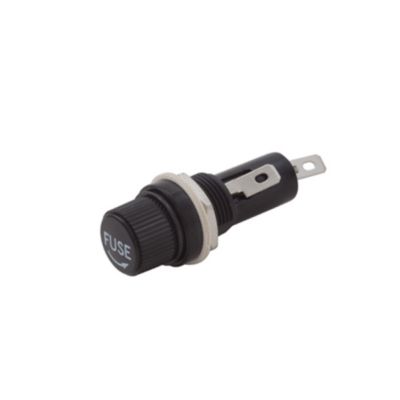 AGC panel mount fuse retainer with tabs, designed for 10 Amp, 250V applications, offering secure electrical connections.