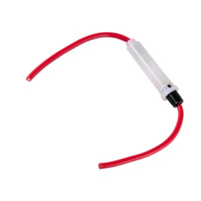 Nylon inline fuse holder with red leads and integrated fuse for electrical connections.