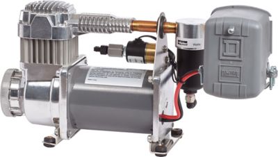 Air brake compressor by Blue Sea Systems, featuring horizontal mount, compact design, with pressure components visible.