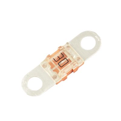 BF1 MIDI Fuse with transparent casing and two metal terminals for automotive and electrical applications.