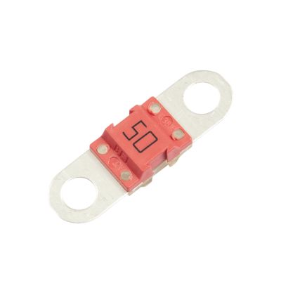 Red Littelfuse BF1 MIDI 50A fuse with dual metal terminals, showcasing a compact design for automotive applications.