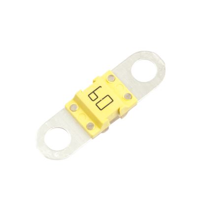 Yellow Littelfuse BF1 MIDI Fuse, 60 Amp, 32V, with metal terminals on each end.
