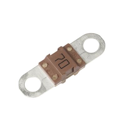 Tan Littelfuse BF1 MIDI Fuse, 70 Amp, showcasing robust design and metallic contacts for electrical applications.