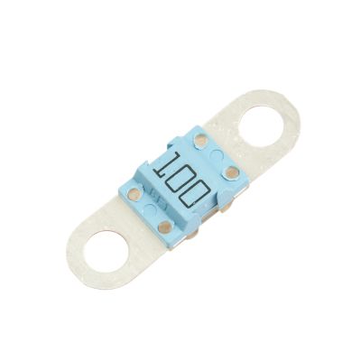 Blue Littelfuse BF1 MIDI Fuse, 100 Amp, 32V, featuring a durable design with visible terminals and amperage marking.