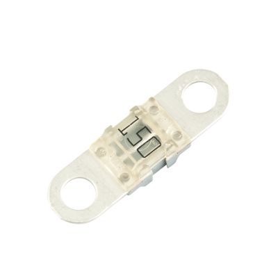 BF1 MIDI¬Æ Fuse with transparent casing, featuring dual mounting holes and bold amperage marking.