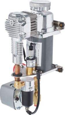Blue Sea Systems air brake compressor with vertical mount, showing detailed metal components and valve connections.